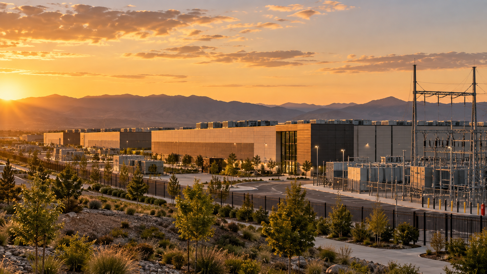 Illustrative data center campus at sunset